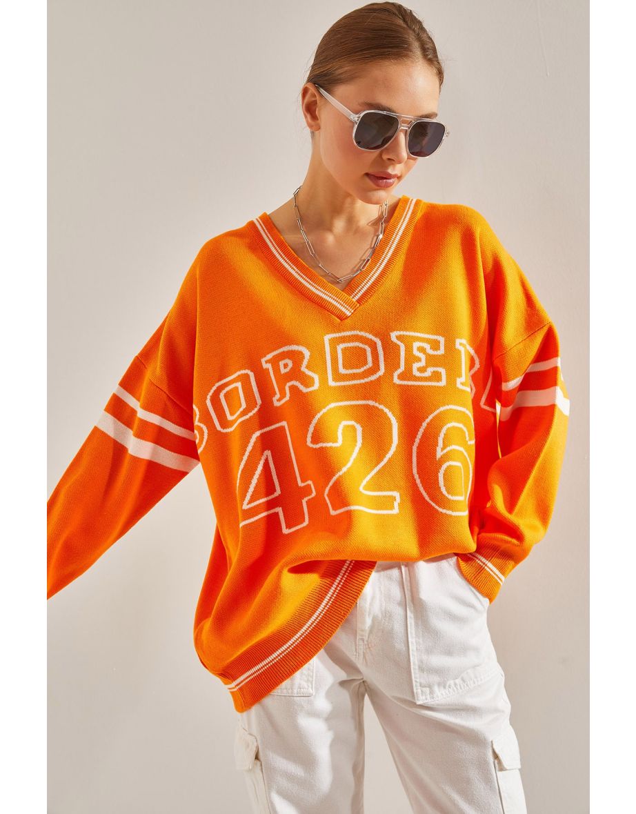 Women's V-Neck Text Printed Oversize Knitwear Sweater