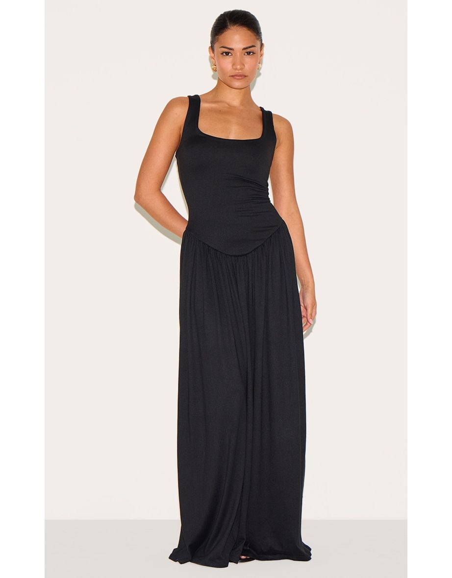 Petite Black Contour Jersey Scoop Neck Pleated Maxi Dress