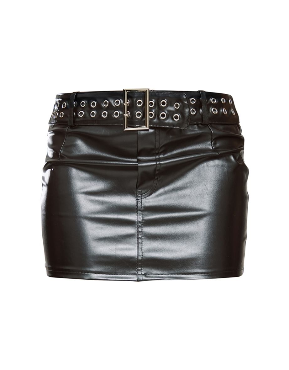 Black Faux Leather Belt Detail Mini Skirt - 5