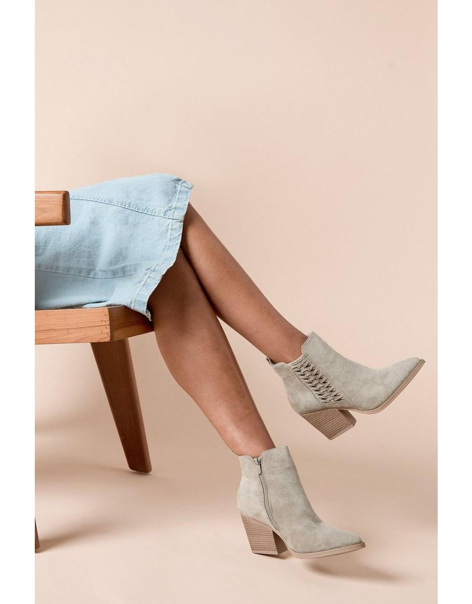 Camberly Faux Suede Lattice Detail Western Cowboy Ankle Boots - 3