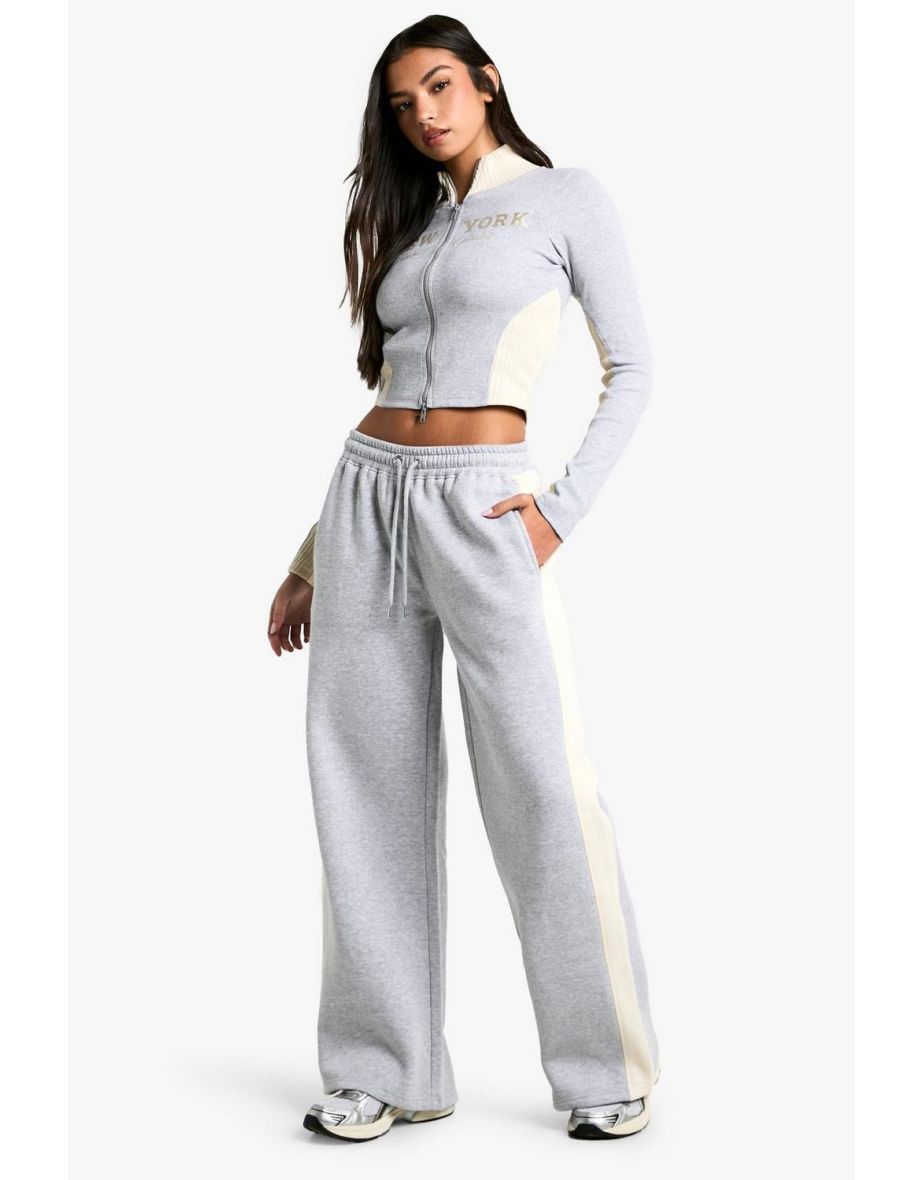 Slogan side stripe fitted zip through and straight leg tracksuit - grey marl