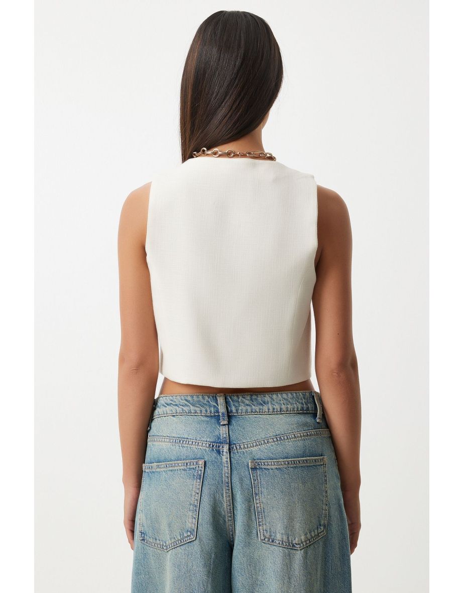 Women's White Linen Short Vest - 5