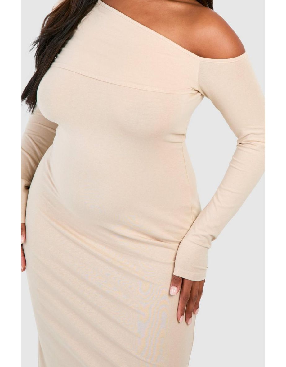 Plus Ruched Bardot Long Sleeve Maxi Dress - stone - 3