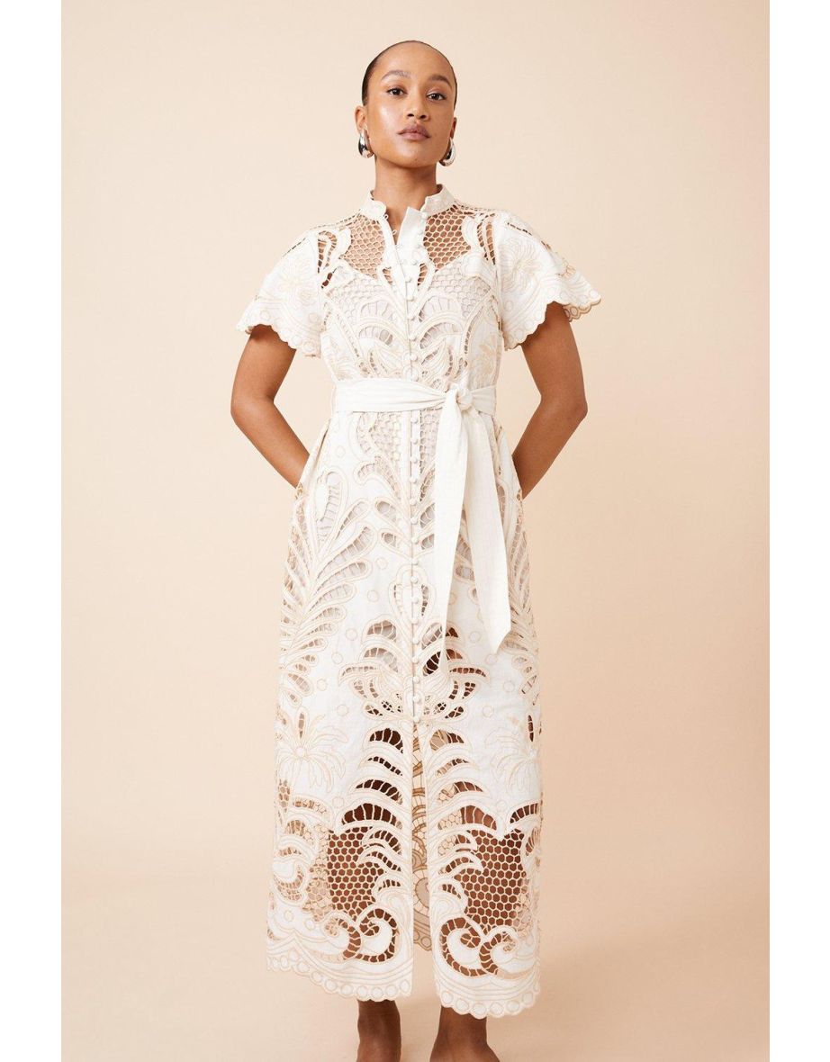Linen Cutwork Embroidery Woven Midi Dress