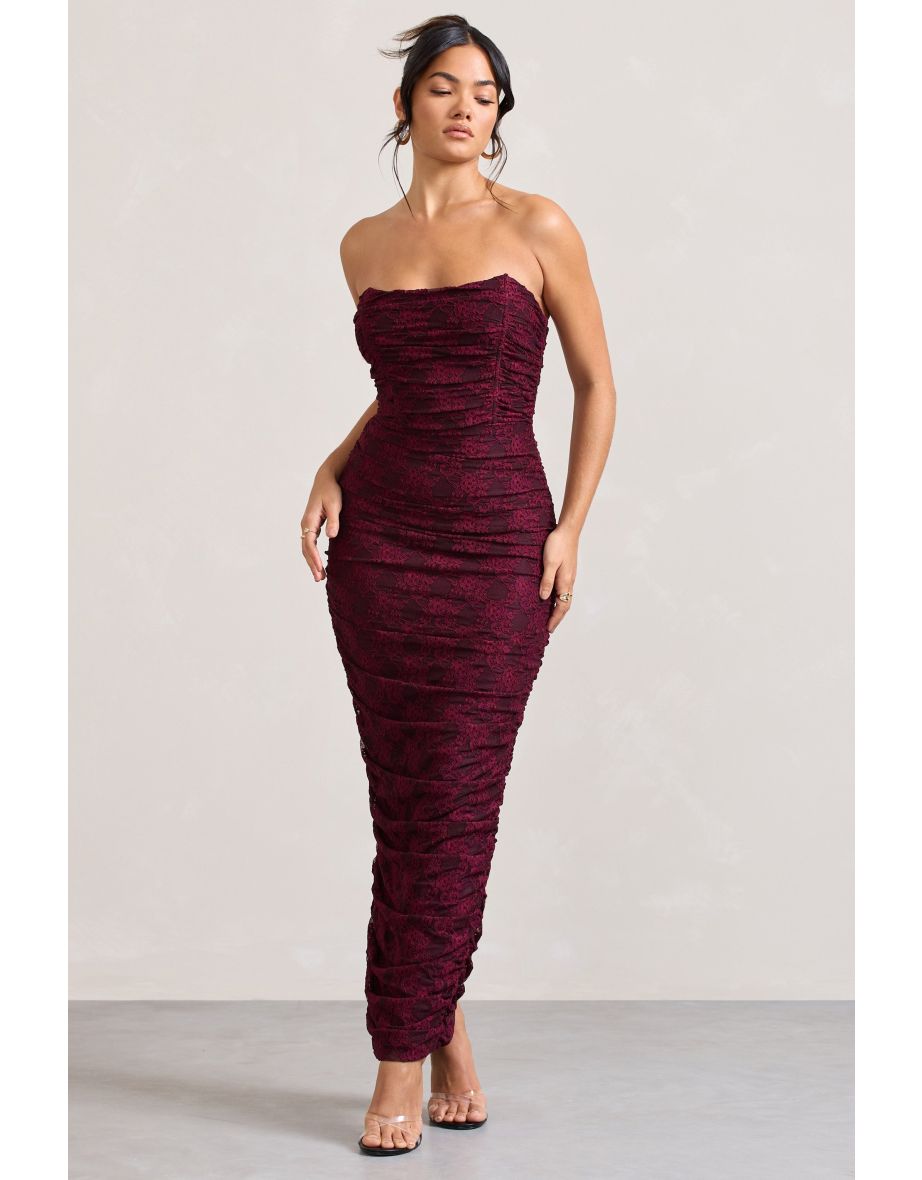 Paparazzi | Burgundy Ruched Lace Strapless Bandeau Maxi Dress - 4