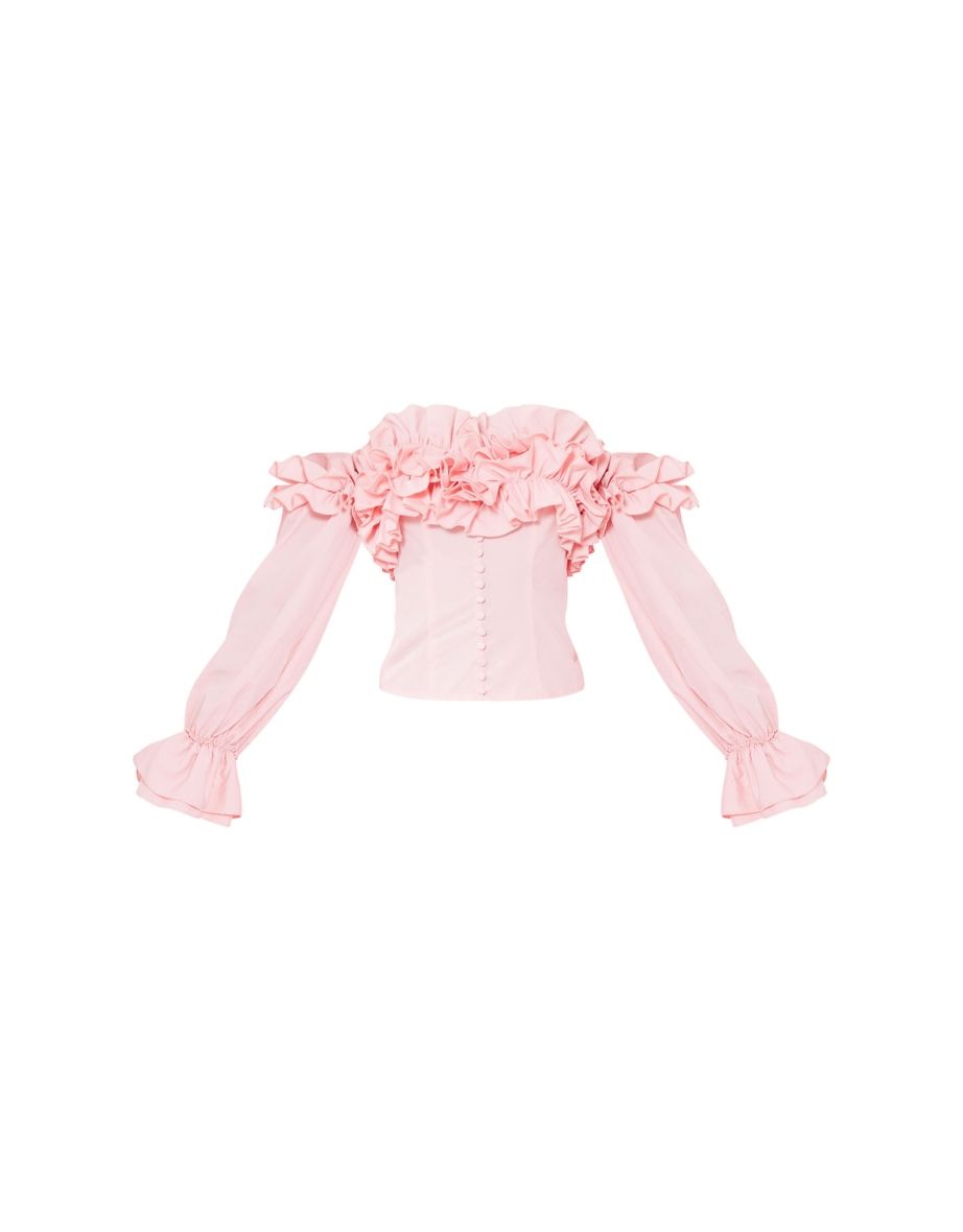 Shop Baby Pink Ruffle Hem Off Shoulder Long Sleeve Blouse Shop Baby Pink Ruffle Hem Off Shoulder Long Sleeve Blouse