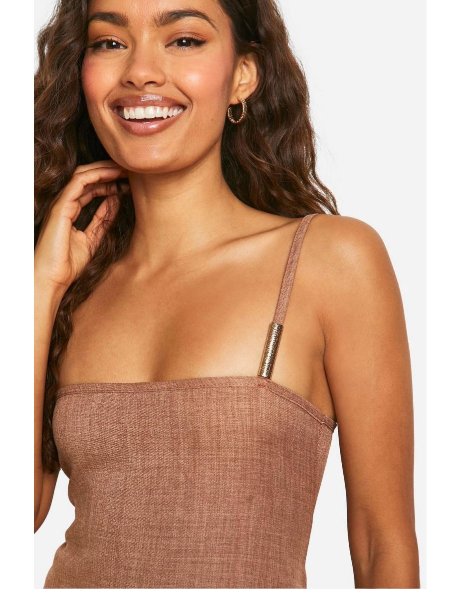 Linen Look Strappy Metal Trim Maxi Dress - mocha - 3