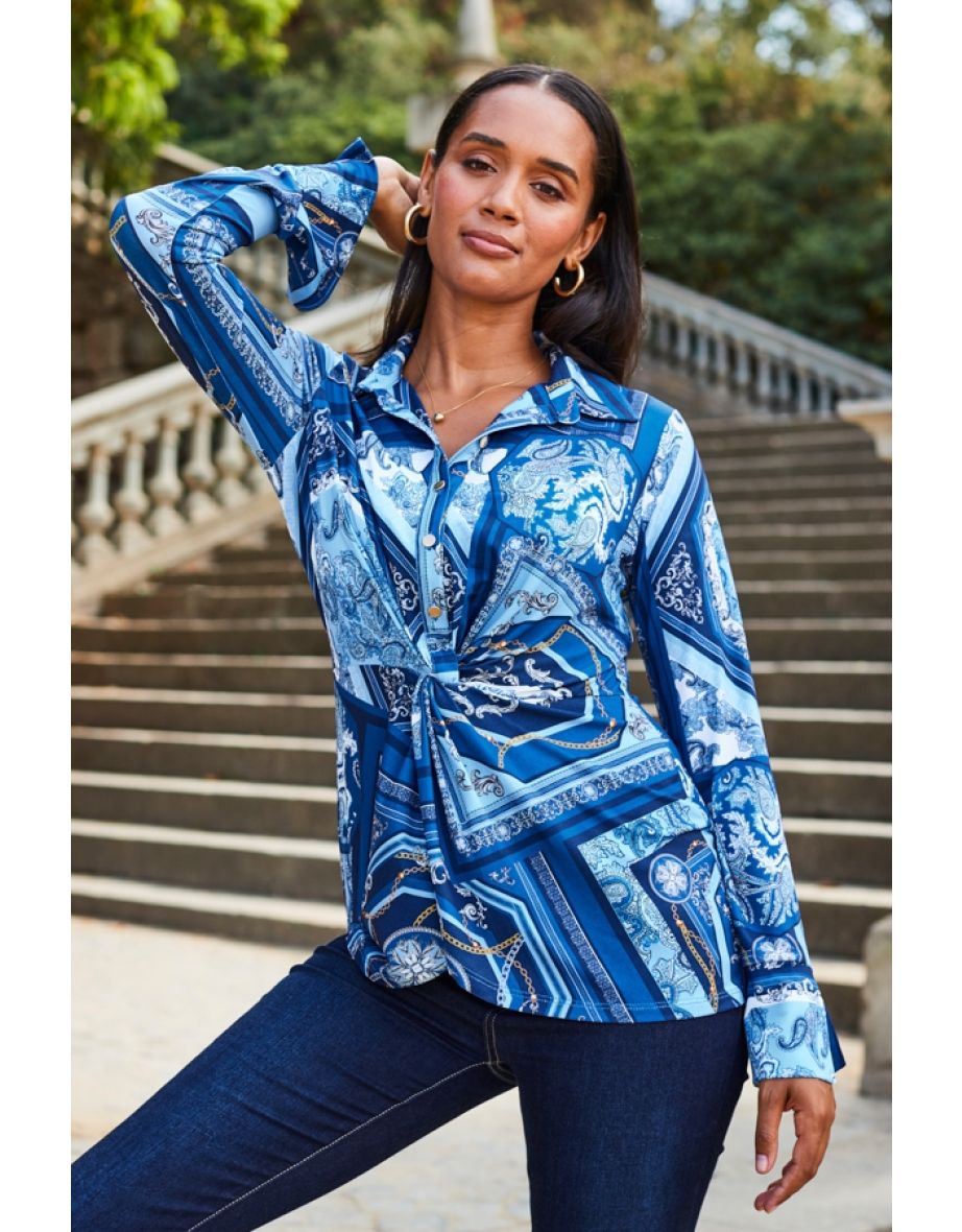 Blue Scarf Print Jersey Twist Front Shirt - 4