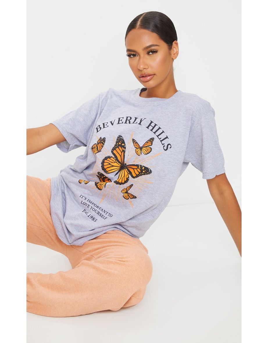 Grey Beverly Hills Butterfly Printed T Shirt