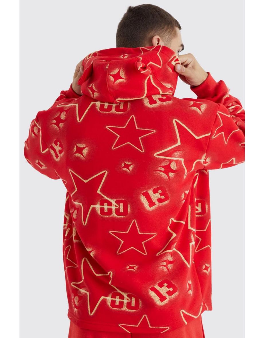 Oversized All Over Graffiti Ear Hoodie - red - 2
