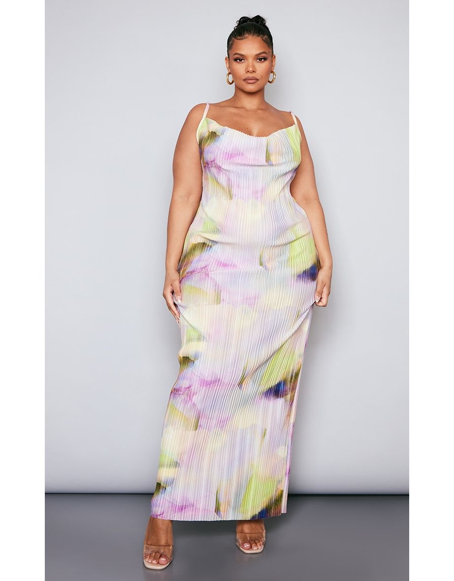 Plus Lilac Watercolour Printed Plisse Cowl Neck Maxi Dress