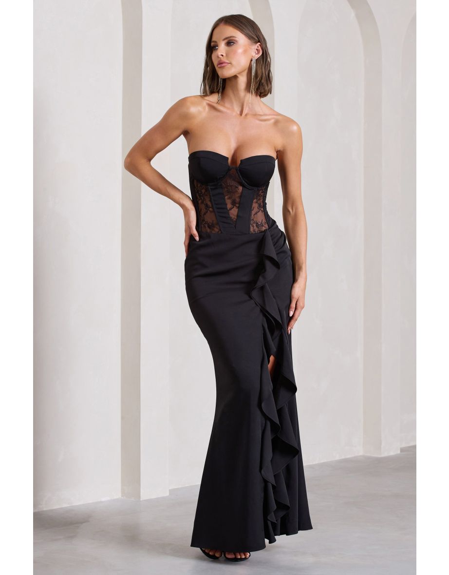Attention Please | Black Strapless Lace Panelled Corset Split Maxi Dress - 4