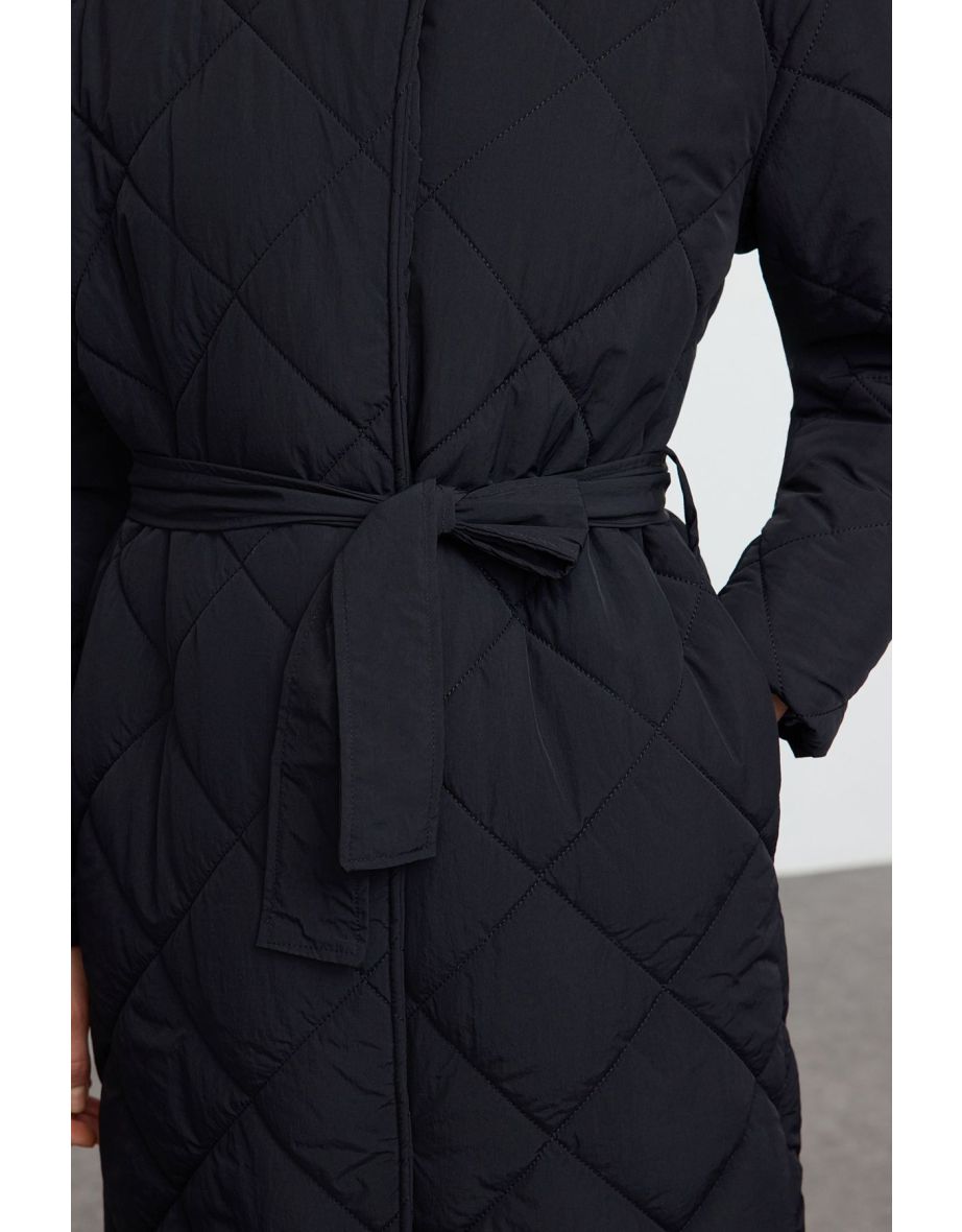 Black Oversize Belted Long Quilted Puffer Jacket - 4