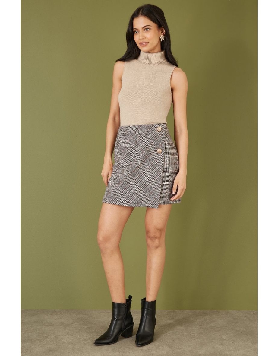 Mela Grey Checked Wrap Mini Skirt With Button Detail