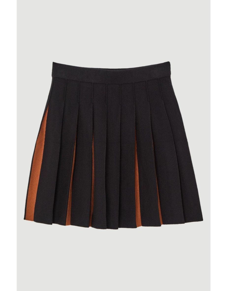 Pleated Wool Look Contrast Knit Mini Skirt - 3