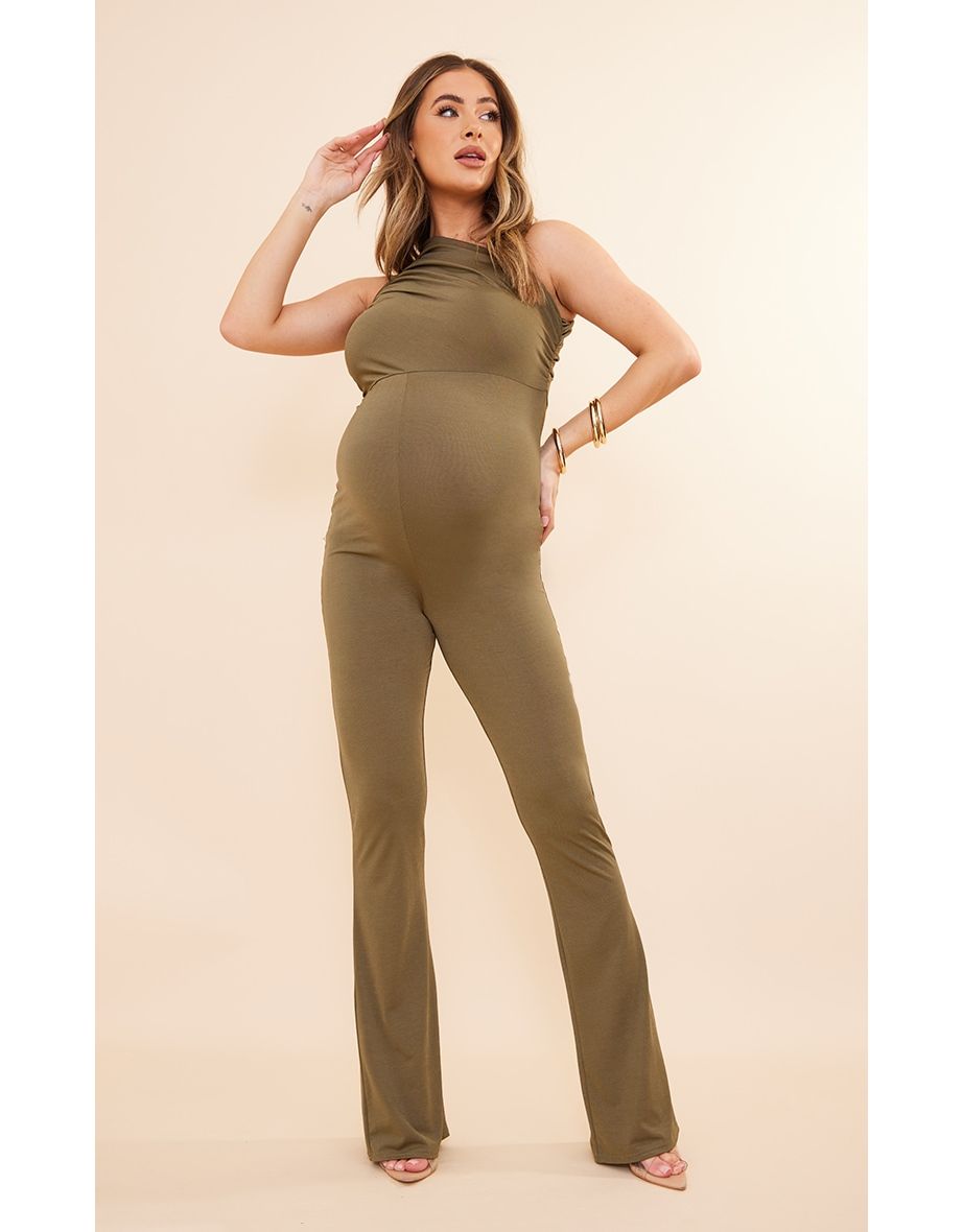 Maternity Olive Ruched One Shoulder Jumpsuit