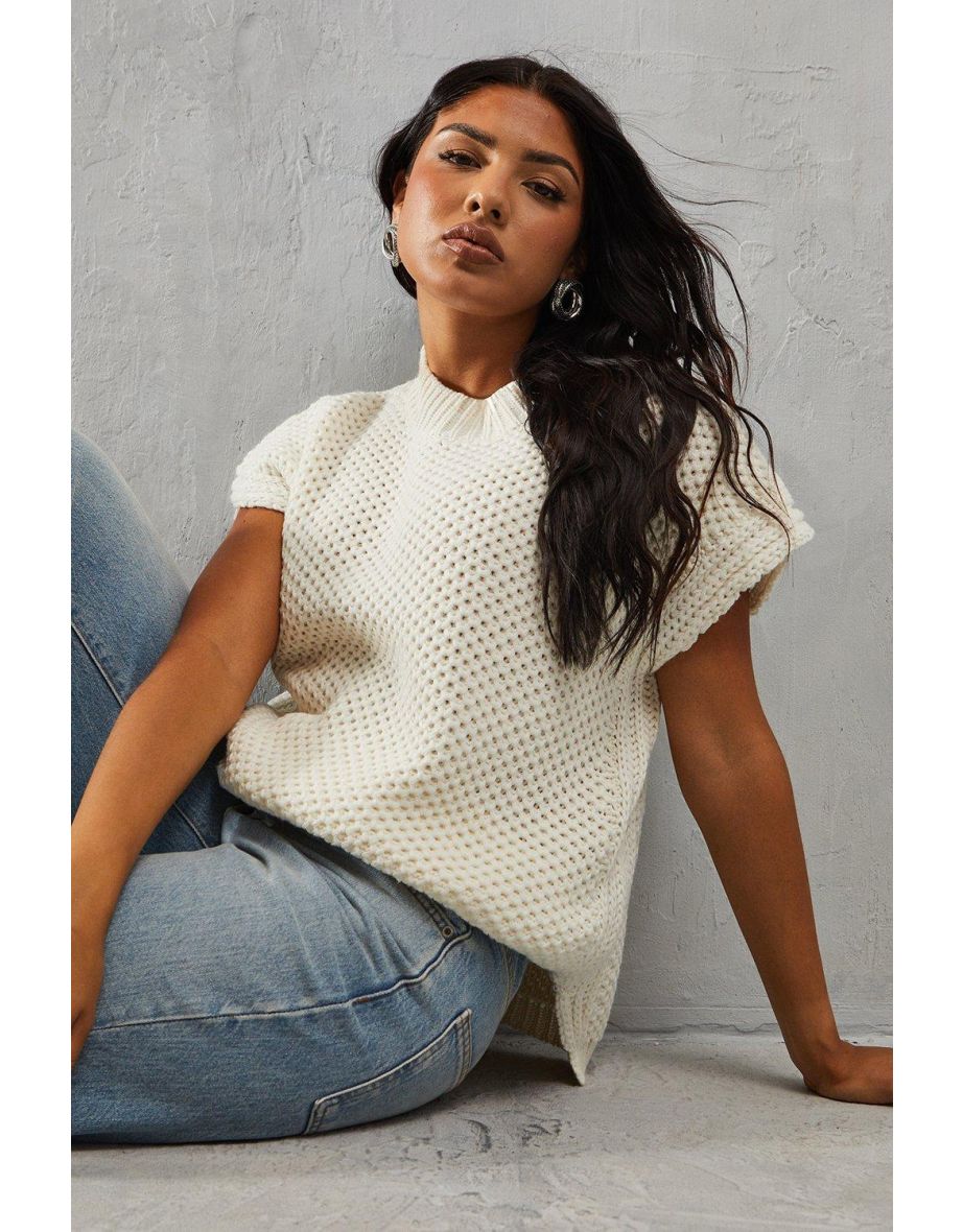 Knitted Cap Sleeve Dipped Hem Jumper - 3