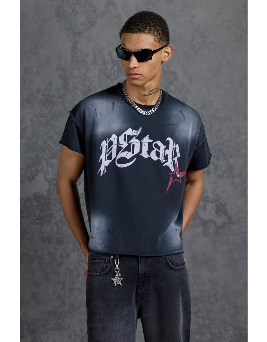 Gunna Oversized Cropped T-Shirt with P-Star Print - black