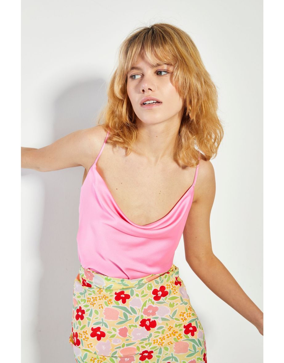 Glamorous Bright Pink Satin Cowl Neck Top