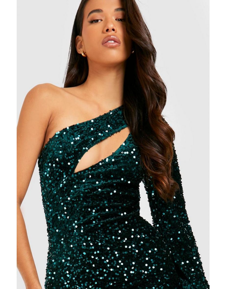 Tall Cut Out One Sleeve Velvet Sequin Dress - emerald - 3