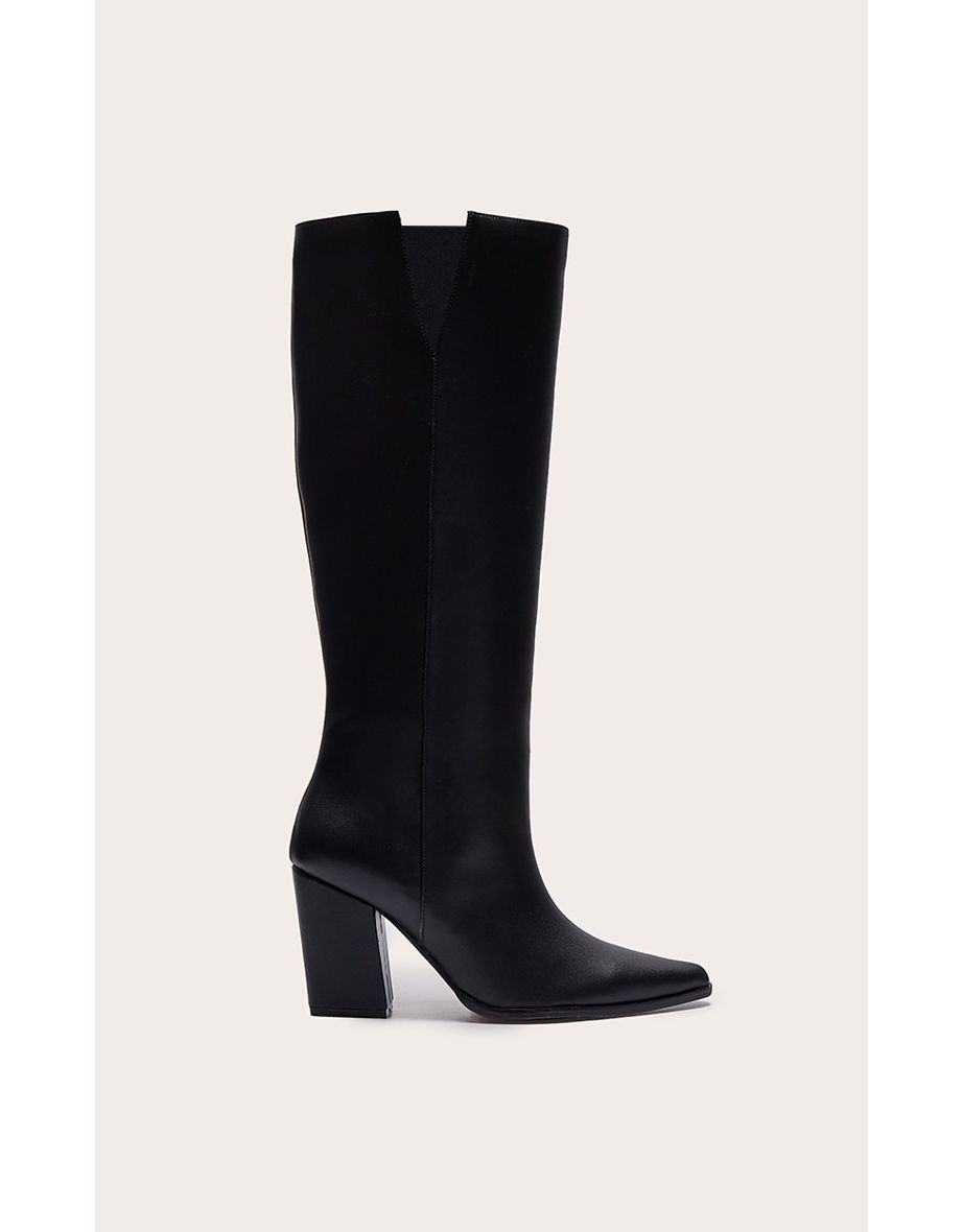 Black PU Point Toe Block Heeled Knee High Boot