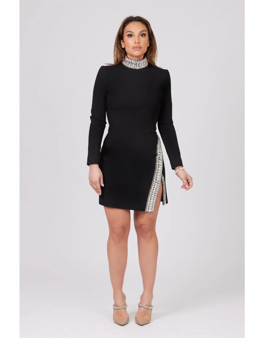MUSE CRYSTAL EMBELLISHED BLACK WOVEN THIGHT SPLIT DRESS