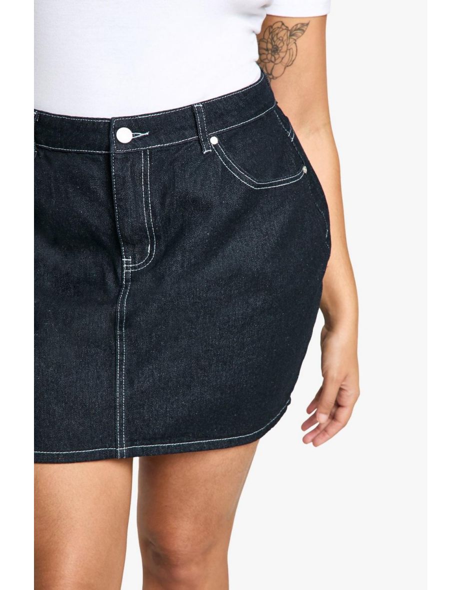 plus indigo contrast stitch denim mini skirt - indigo - 3