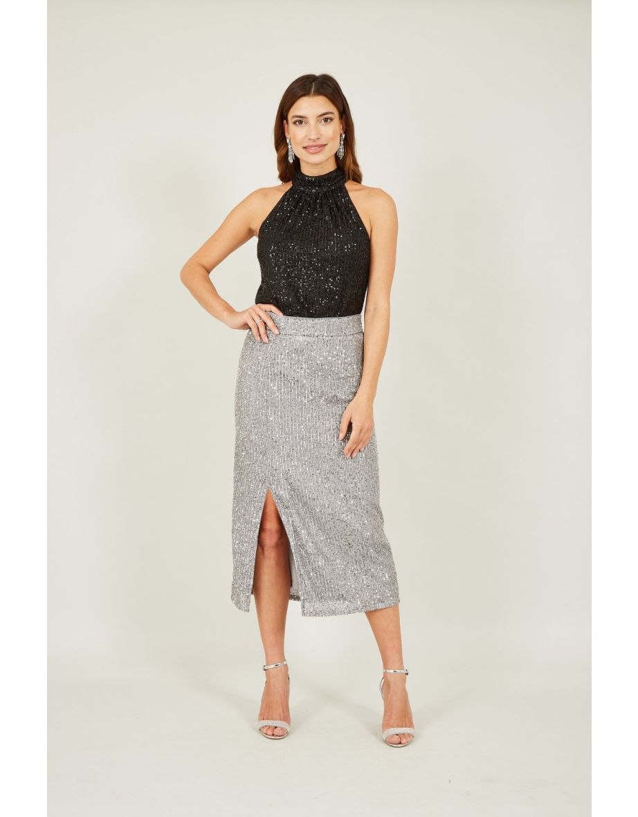 Yumi Silver Sequin Fitted Skirt With Front Slit