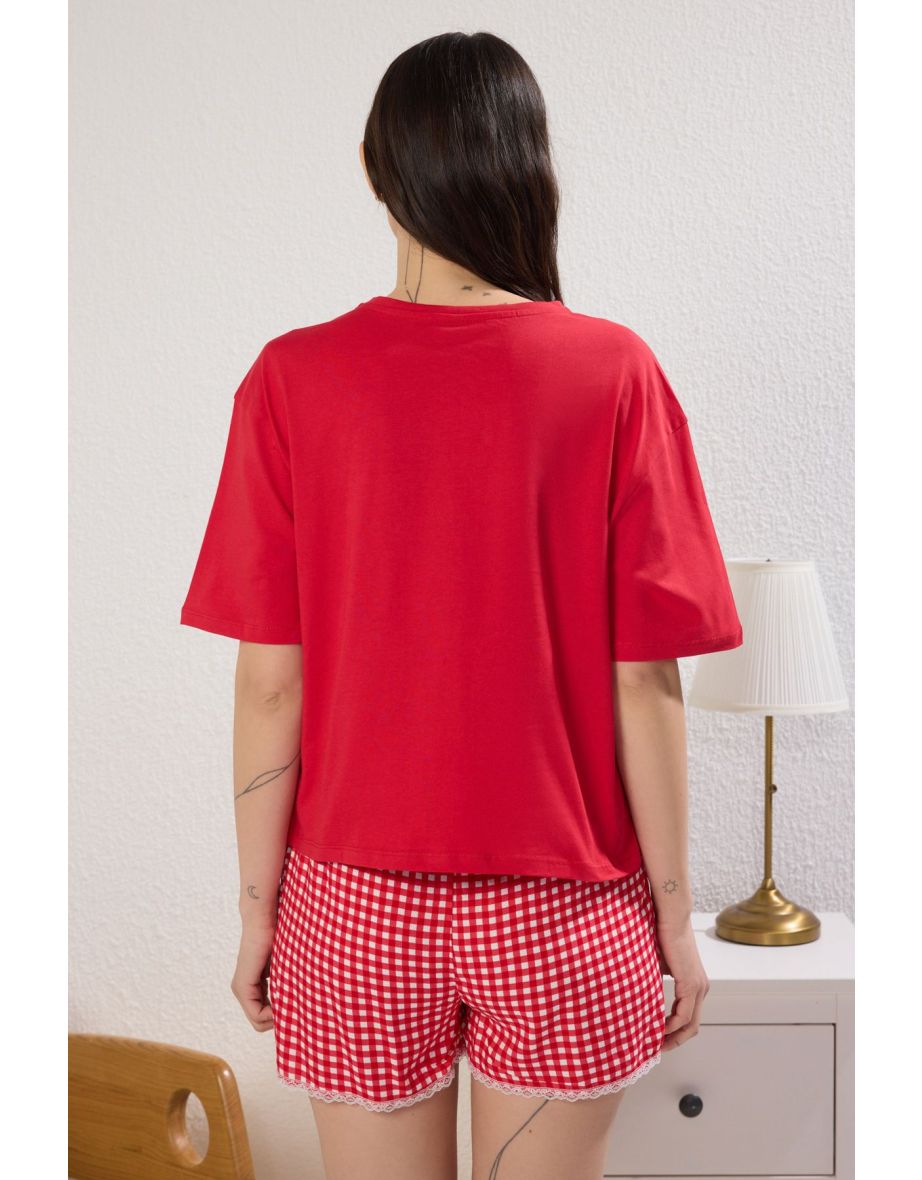 Red Gingham Lace Detail Knitted Pajama Set with Viscose Shorts - 3