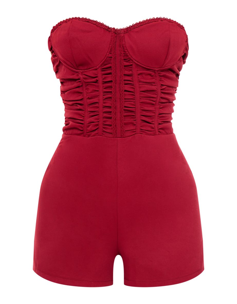 Cherry Red Bandeau Corset Lace Up Back Playsuit - 4
