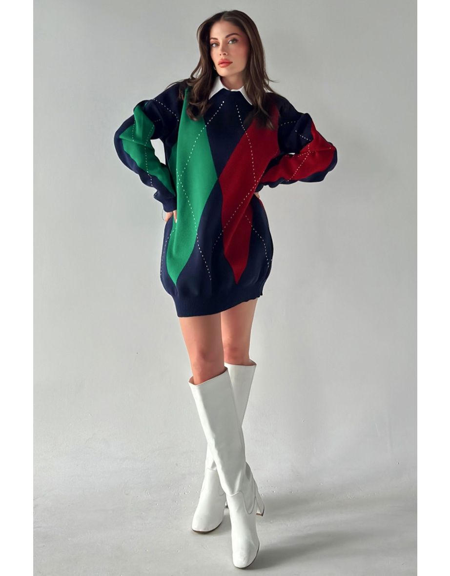 Women's Diamond Pattern Green Red Long Oversize Tunic Sweater