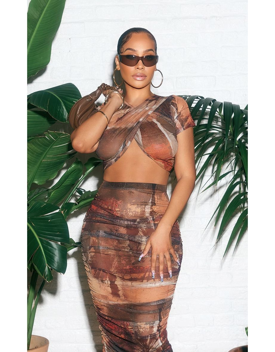 Brown Printed Mesh Cross Over Front Crop Top