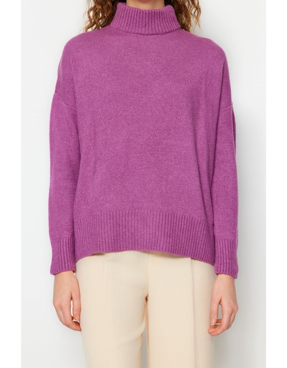Purple Wide Fit Soft Textured Stand-Up Collar Knitwear Sweater - 7