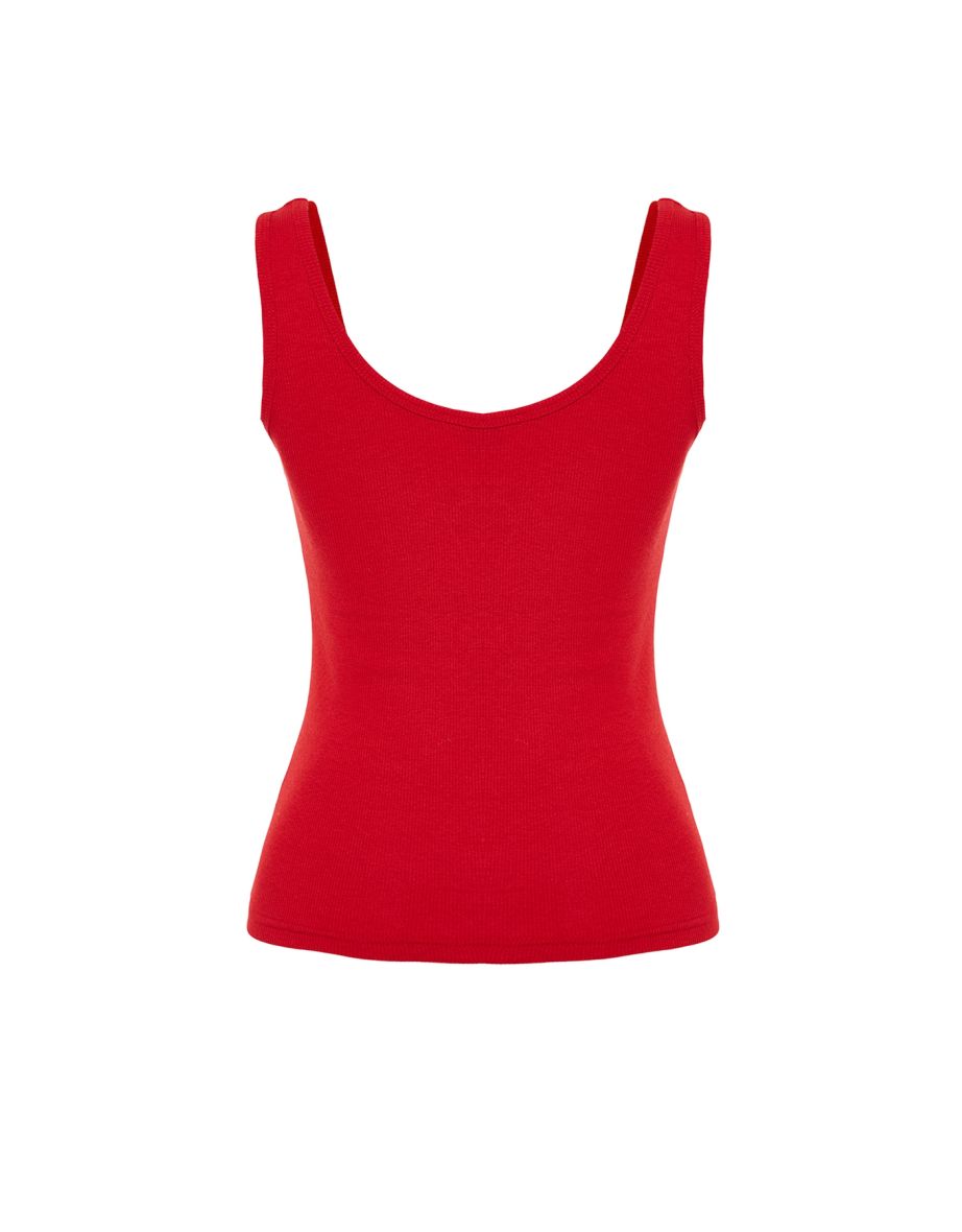 Red Fitted Pool Neck Ribbed Stretchy Knitted Undershirt - 7