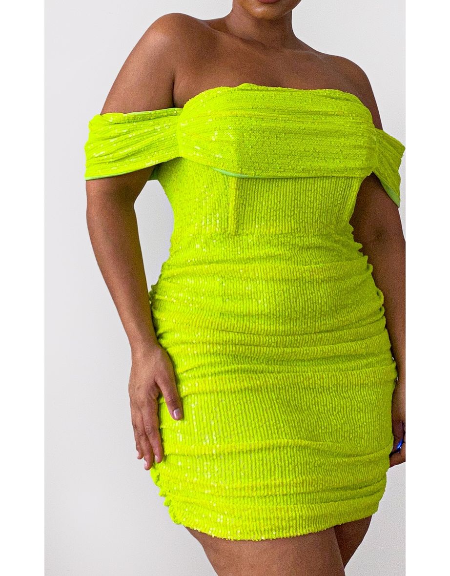 Plus Lime Sequin Bardot Bodycon Dress - 3