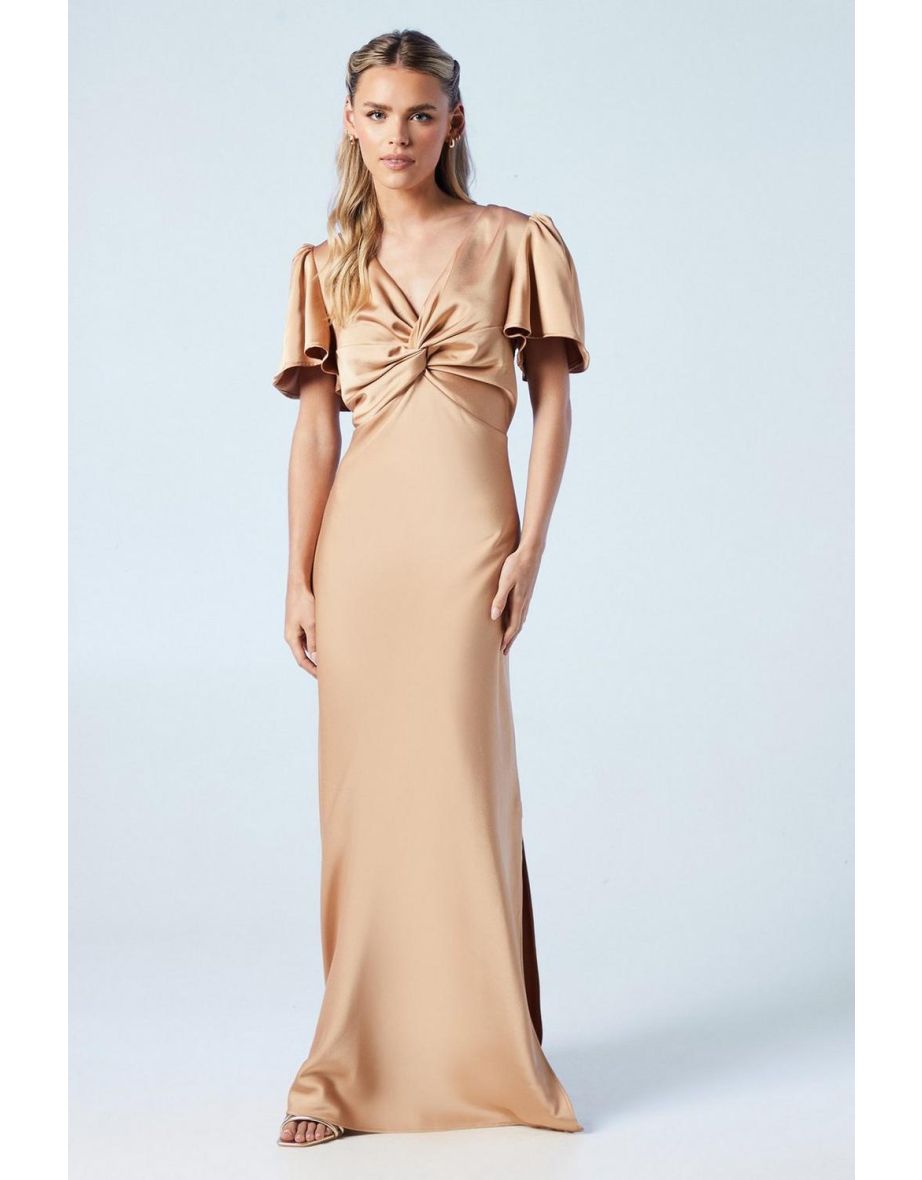 Petite Twist Front Angel Sleeve Maxi Bridesmaids Dress
