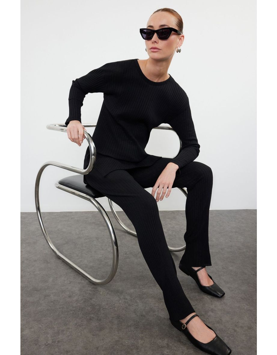 Black Black Crew Neck Ribbed Stretchy Knitted Bottom-Top Set