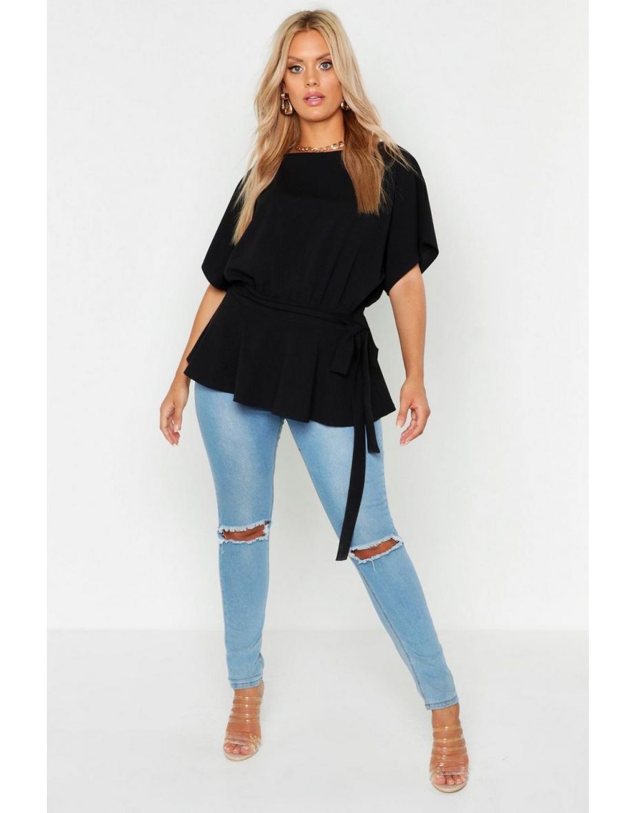 Plus Slash Neck Tie Waist Peplum Hem Top - black