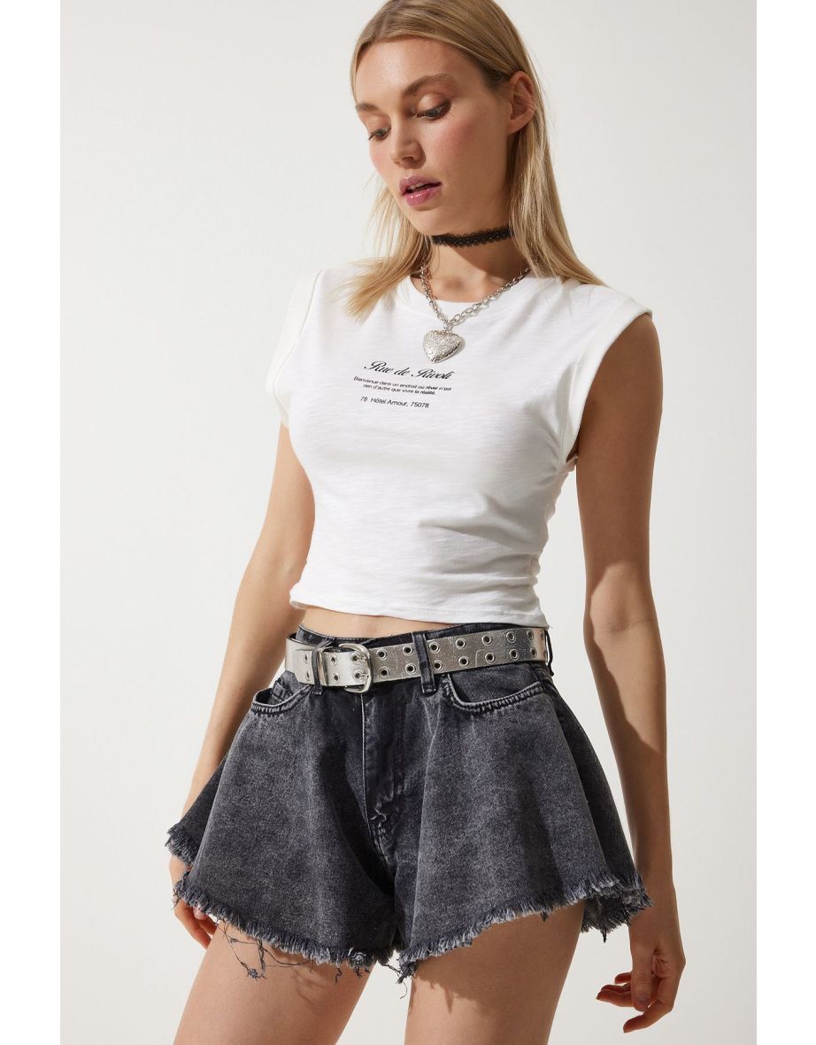Women's Anthracite Tasseled Mini Denim Shorts