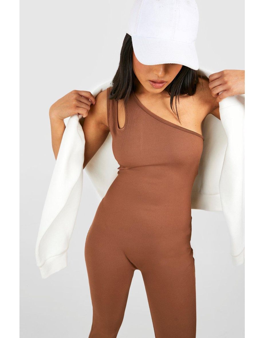 Petite Cut Out One Shoulder Unitard Jumpsuit - chocolate - 3