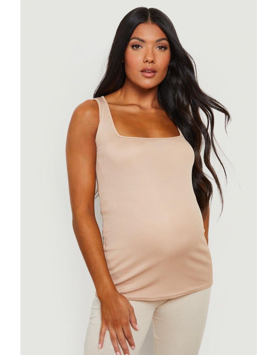 Maternity Rib Square Neck Vest - stone
