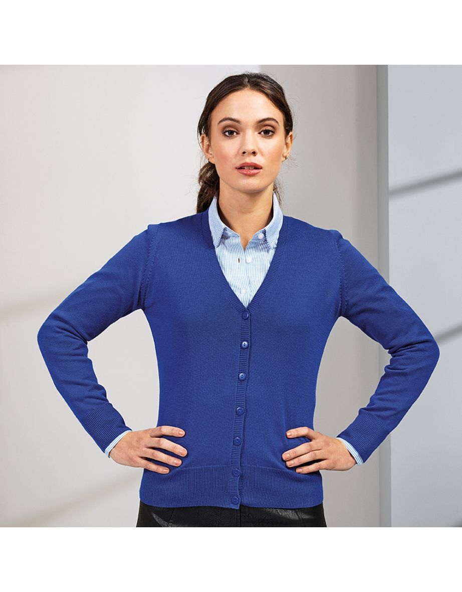 Premier Womens/Ladies Button Through Long Sleeve V-neck Knitted Cardigan - Royal - 1