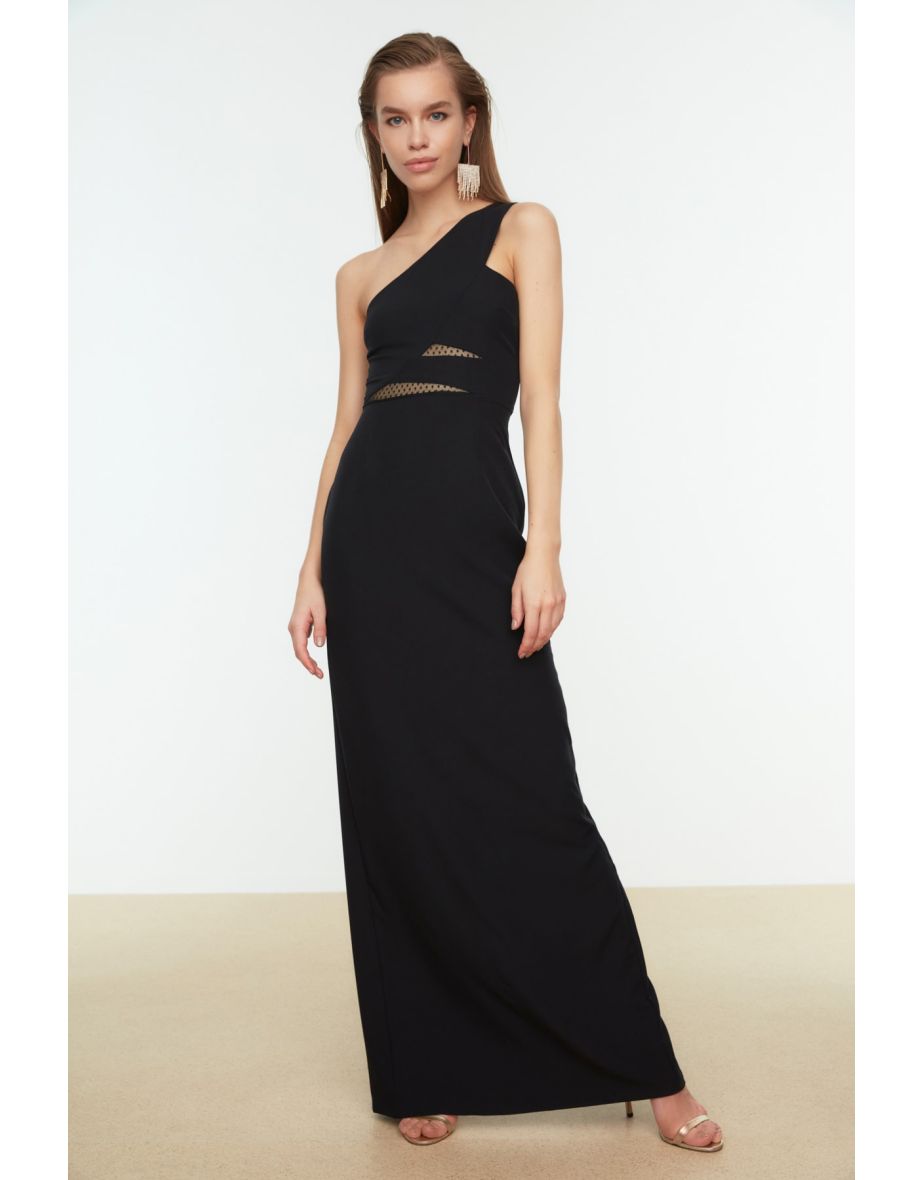 Black Column Maxi Party Dress with One Shoulder