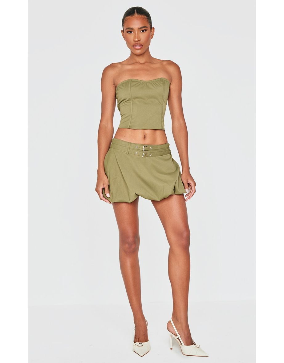 Khaki Twill Buckle Detail Bandeau Corset Top