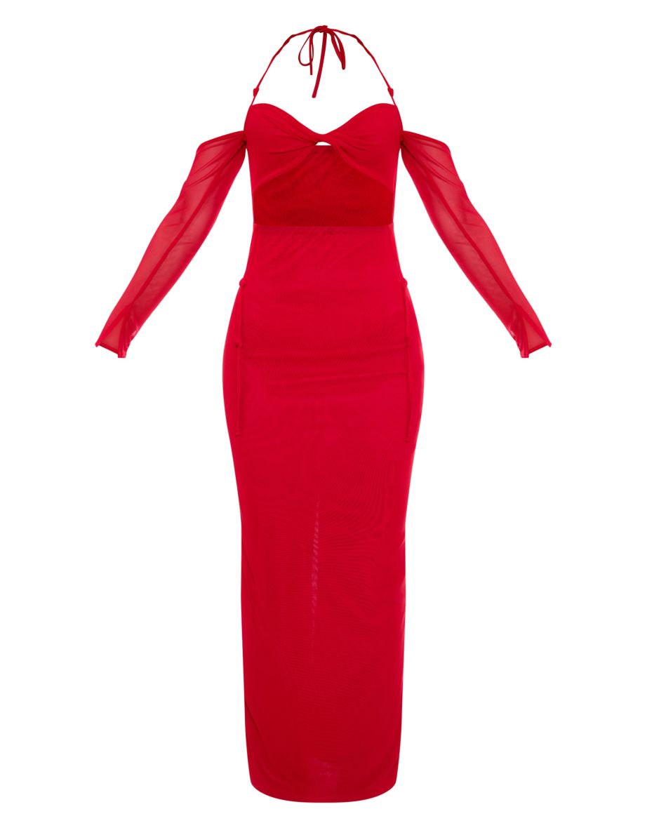 Red Mesh Cut Out Twist Detail Maxi Dress - 4