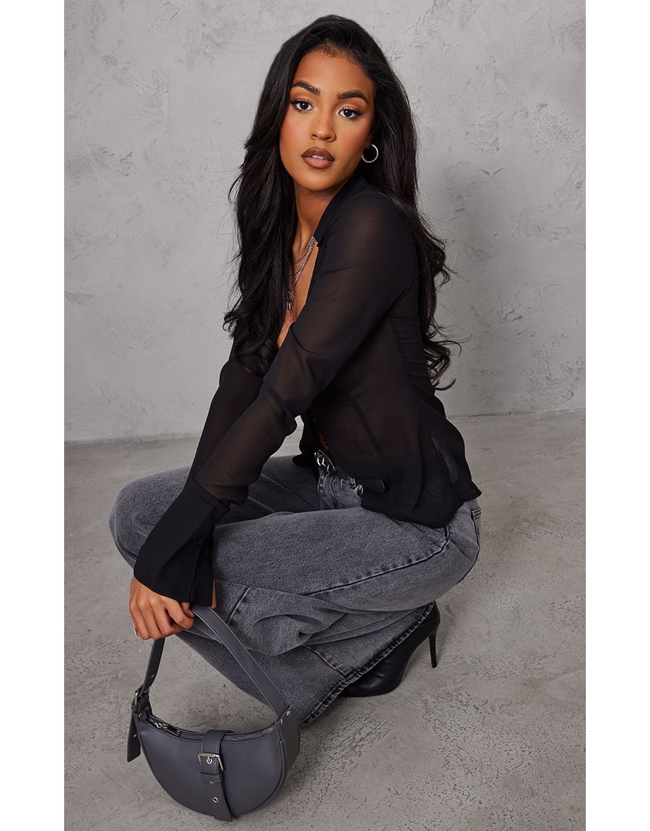Tall Black Mesh Button Front Blouse