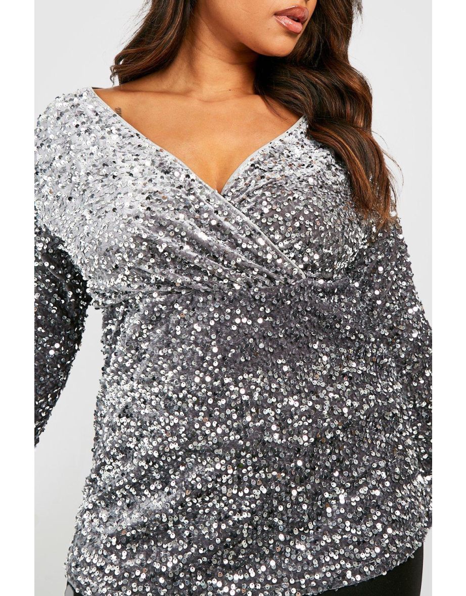 Plus Velvet Sequin Off Shoulder Top - silver - 3