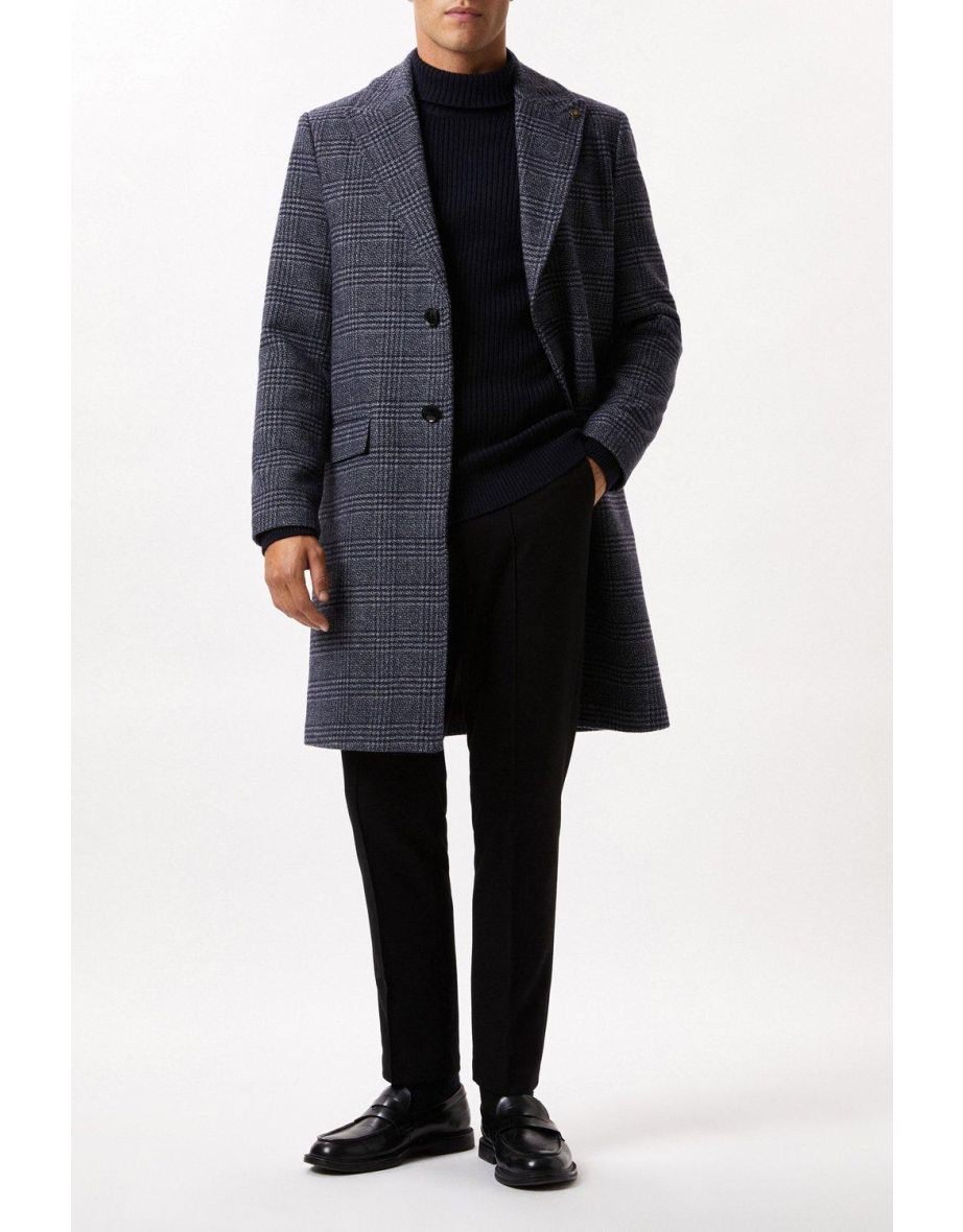 Navy Wool Blend Check Overcoat