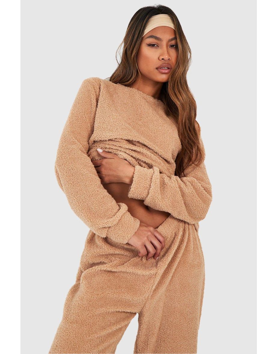 Hers Matching Teddy Long Sleeve Loungewear Jogger Set - camel - 3