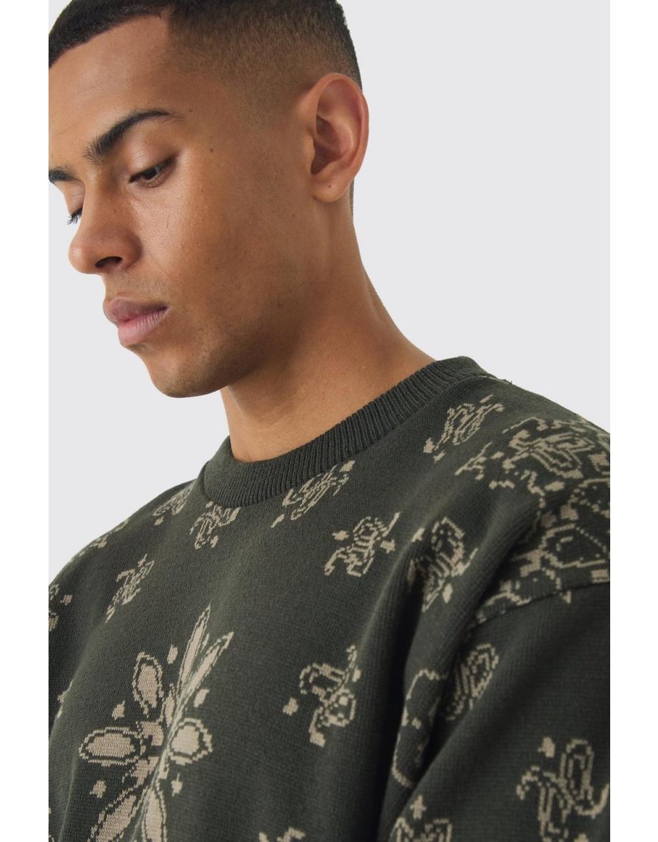 Oversized Boxy Bandana Print Knitted Jumper - brown - 2
